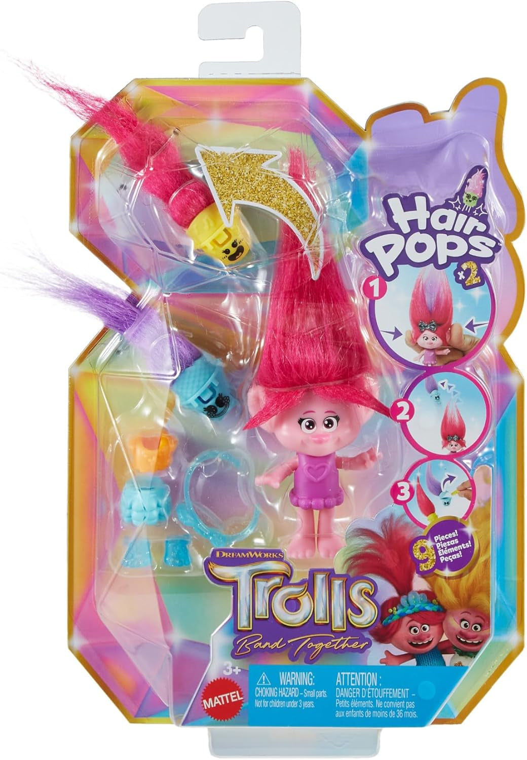 Mattel DREAMWORKS TROLLS Together Strong - Hairy Surprises Poppy Queen Poppy, Viva, Branch et Guy Diamond Peluche Cheveux, 2 Hairy Surprises, Accessoire, À partir de 3 ans, HNF10 Naty Shop Dolls