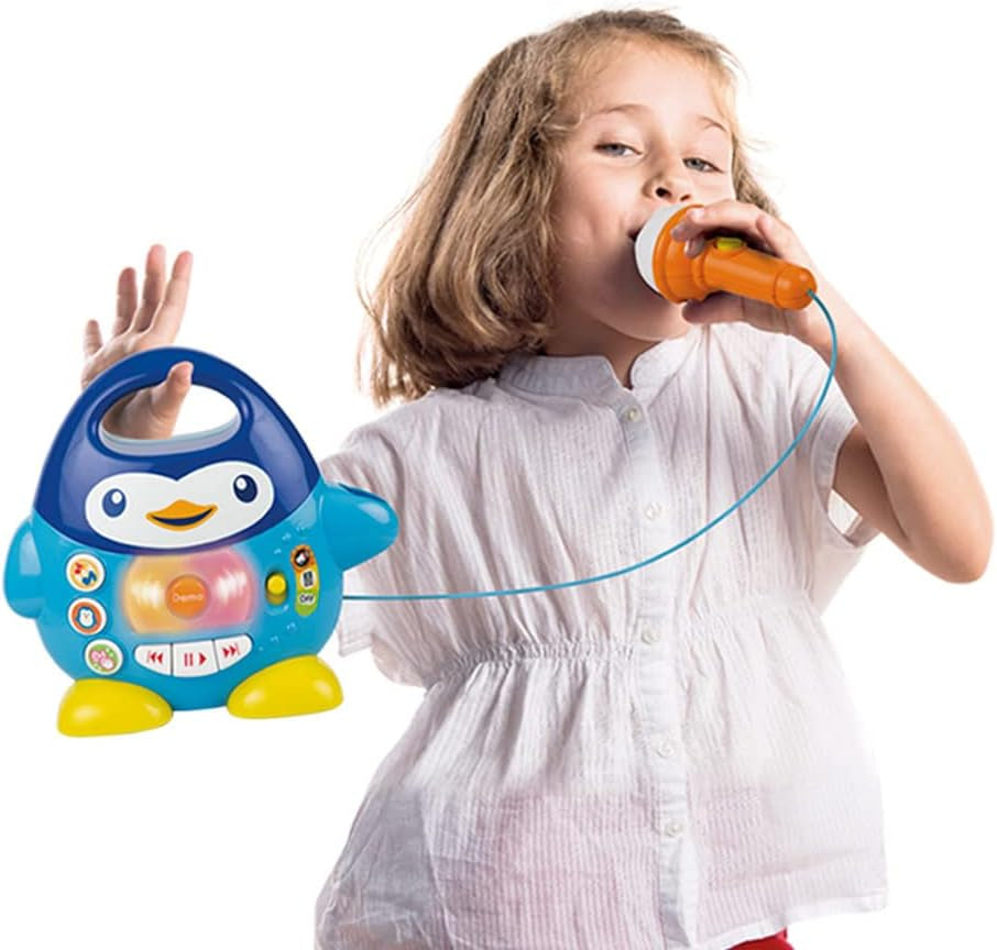 Lecteur de musique karaoké WinFun, design pingouin, avec lumières clignotantes et effets d'écho, en bleu, style ludique, connexion USB Baby Toys Naty Shop