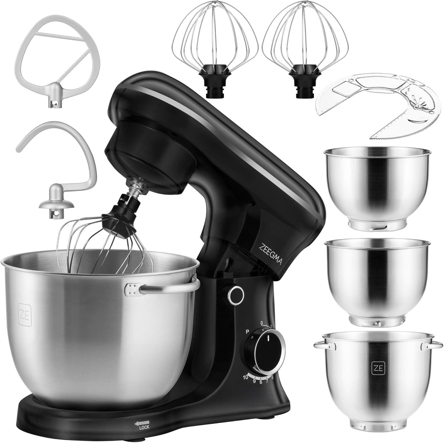 ZEEGMA PLANEET TRIO Robot planétaire, 1500 W, machine de cuisine multifonction avec 3 brûleurs 4 L, 4,5 L et 5,2 L, 10 vitesses de cuisson, mélangeur avec haken, Schneebesen (noir) mère et enfant Naty Shop Schwarz