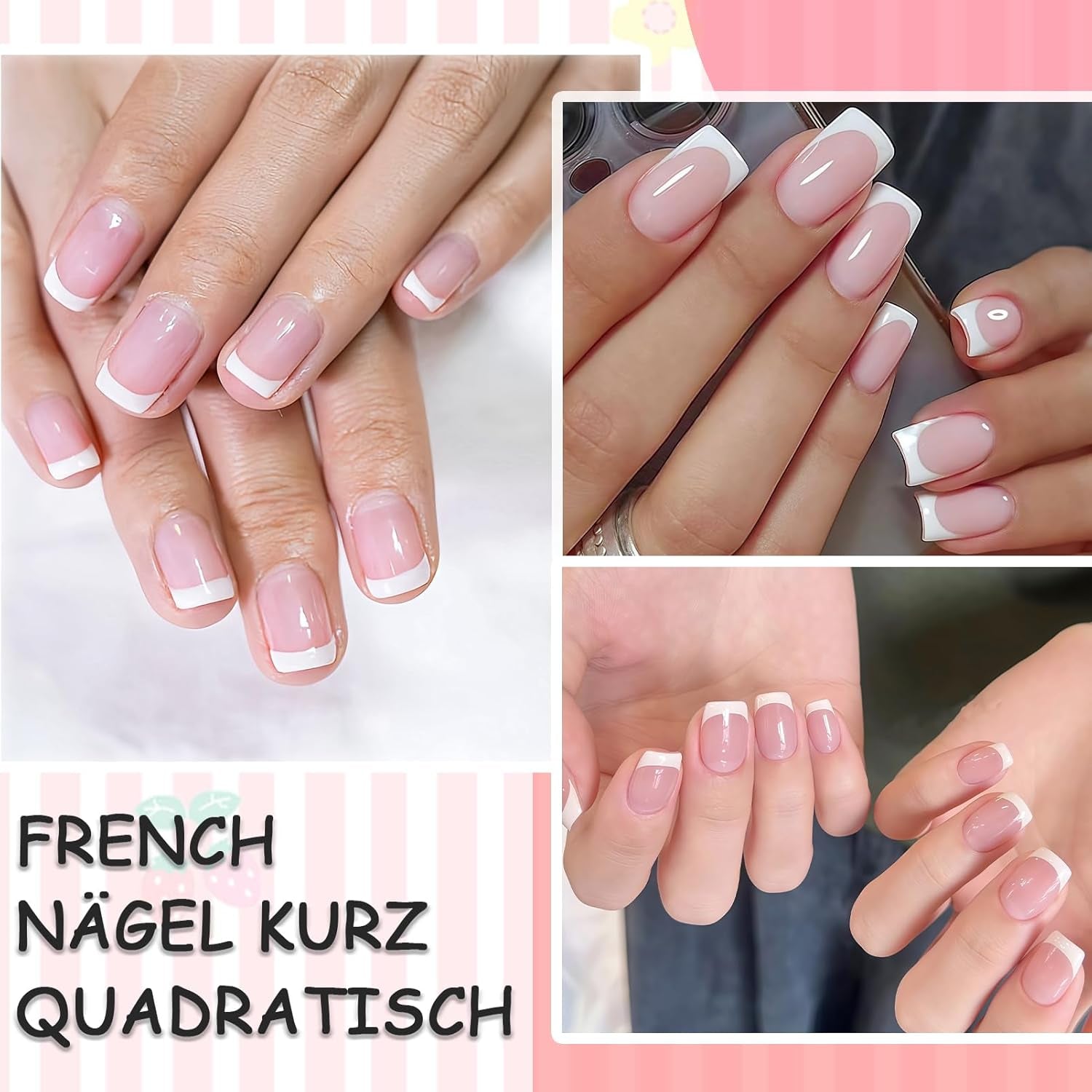 Ongles français autocollants rose clair – 32 pièces à coller sur ongles français – Faux ongles carrés courts – Colle respirante sur ongles artificiels – Faux ongles à couverture complète pour femme (rose clair)