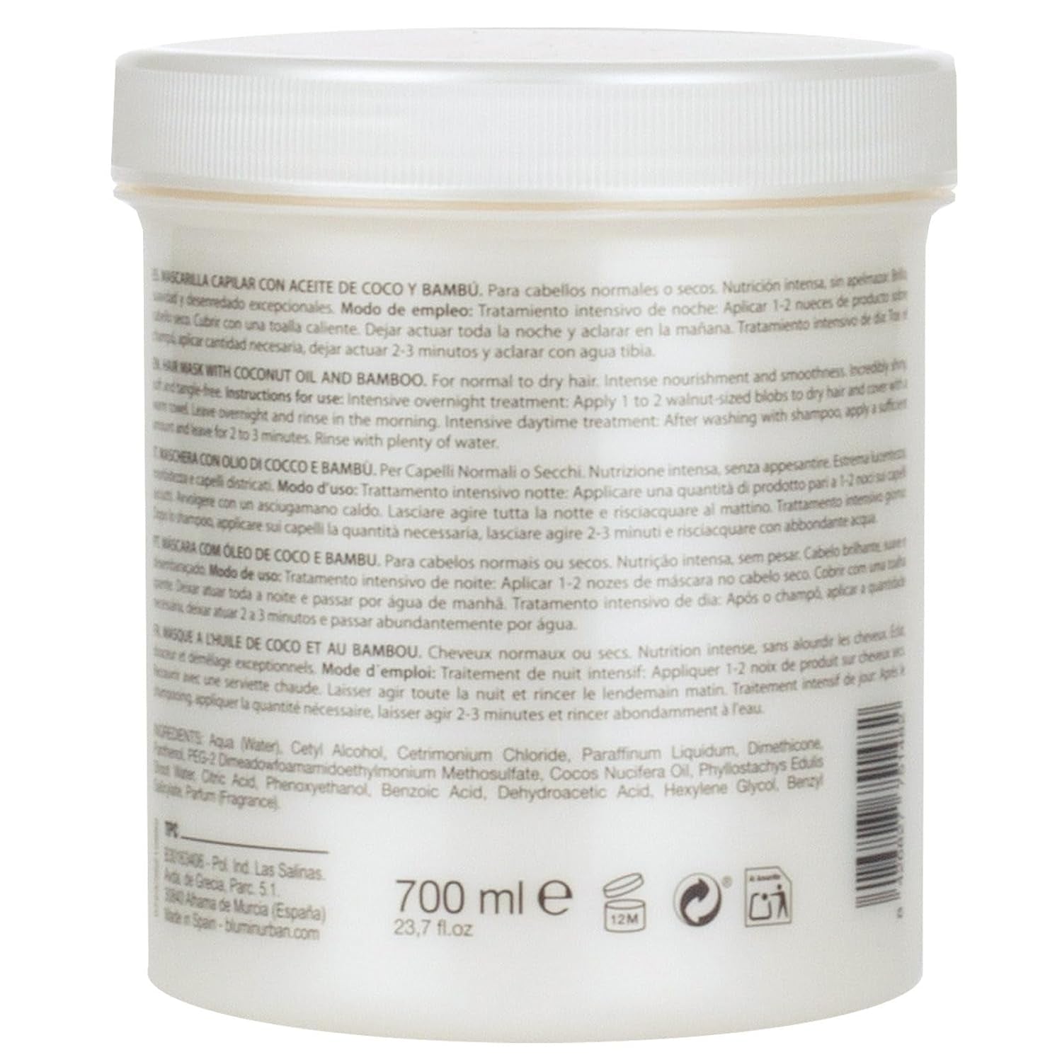 Masque Urbanic à l'huile de coco et bambou bio, 700 ml Naty Shop masque capillaire
