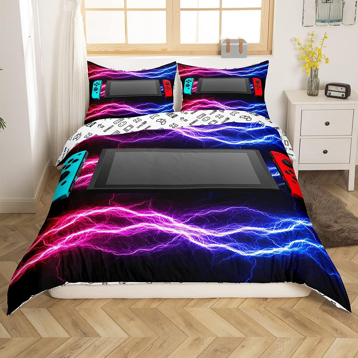 Parure de lit Gamer pour jeunes 155 x 220 cm, housse de couette pour enfants, adolescents, hommes, jeux vidéo, décoration réversible, housse de couette, vert, contrôleur de jeu rétro, housse de couette blanche Luxus, 2 pièces