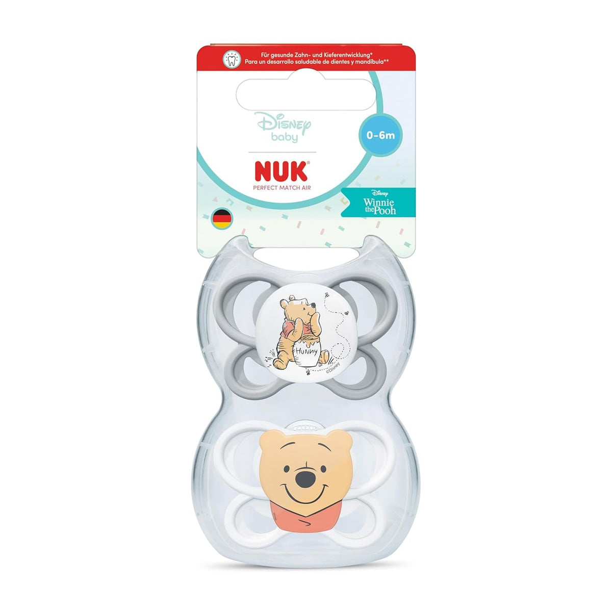 Sucettes NUK Perfect Match Air pour bébés | 0-6 mois | Sucettes orthodontiques qui favorisent la circulation de l'air et préviennent les éruptions cutanées causées par la salive | 95 % d'acceptation par les bébés** | Disney Winnie l'ourson | Paquet de 2