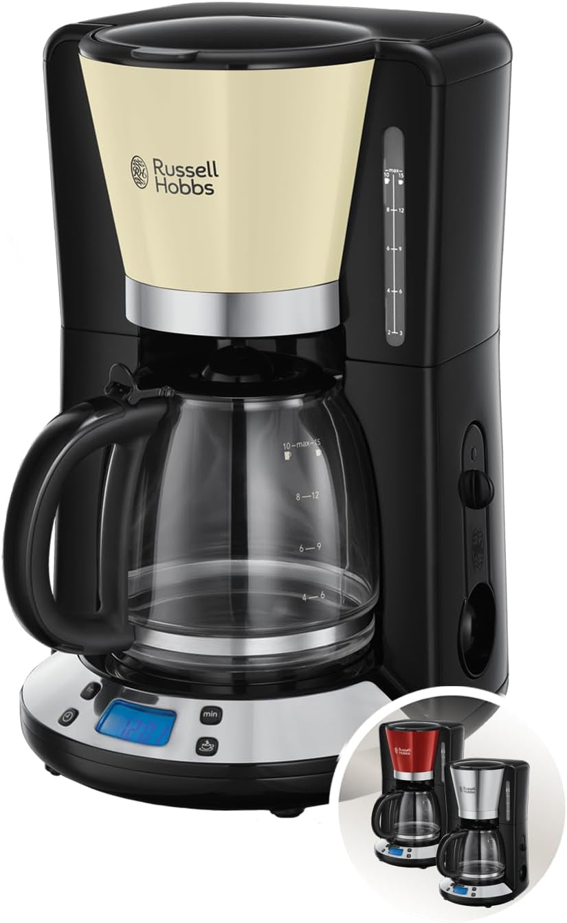 Russell Hobbs Cafetière [minuterie numérique, pomme de douche pour une extraction et un arôme optimaux] Colors+ Creme (1 à 10 tasses, carafe en verre 1,25 L, plaque chauffante, 1100 W) Cafetière à filtre 24033-56