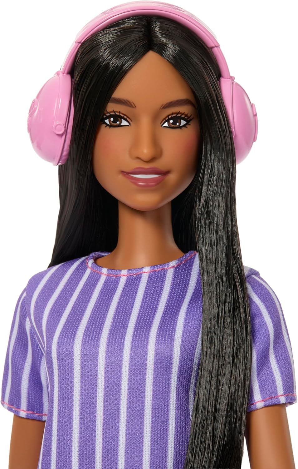 Poupée Barbie Fashionistas no. 245, poupée autiste avec robe rayée violette et accessoires comme fidget spinner, tablette et écouteurs, JJN58
