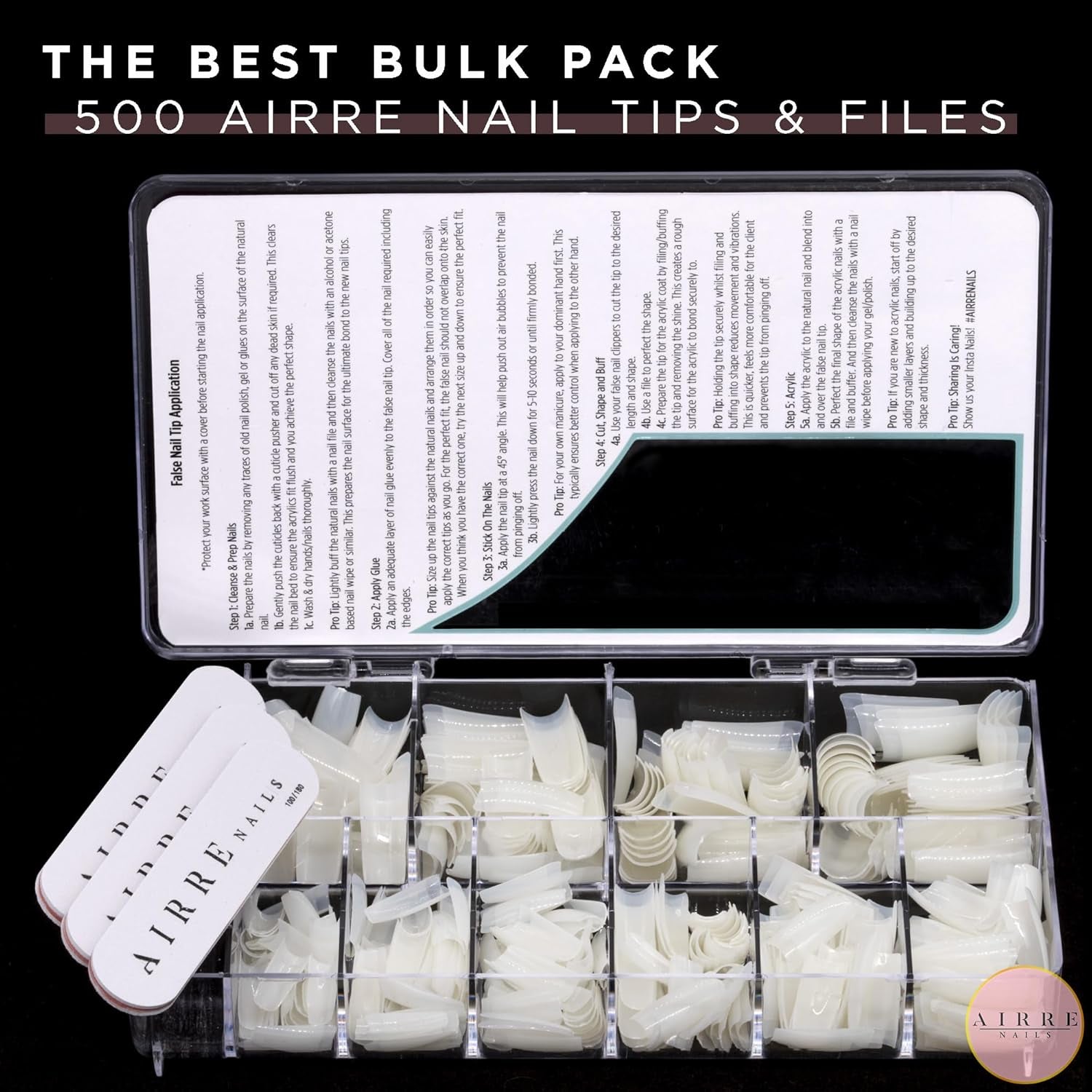 AIRRE 500 ongles en gel professionnels et 3 limes par boîte – (10 tailles) Faux ongles français demi-lune, usage salon et maison, coupe, limage et mise en forme, gel UV/LED, vernis à ongles et nail art (naturel)