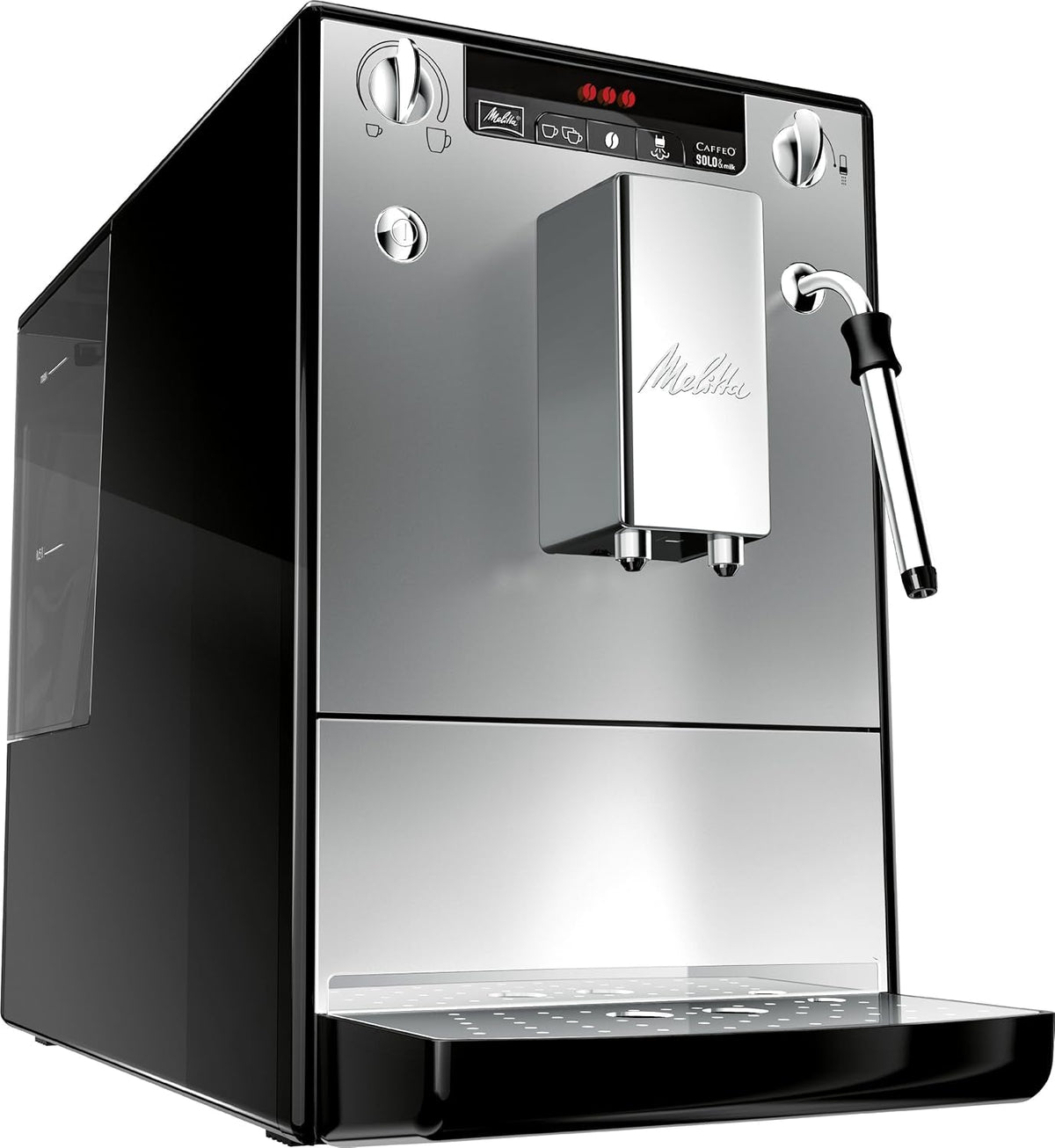 Melitta Solo & Milk - Machine à café fine entièrement automatique avec mousseur à lait, machine à café avec réservoir d'eau amovible, par ex. café ou cappuccino, argent