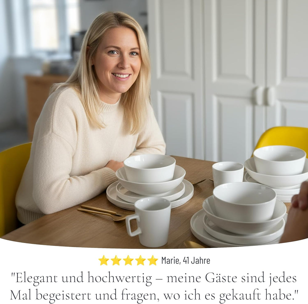 Service de table en porcelaine Crystal 48 pièces, gagnant du test, service de table en porcelaine transparente, bols et assiettes, service de table pour 12 services de table Pure Living en blanc