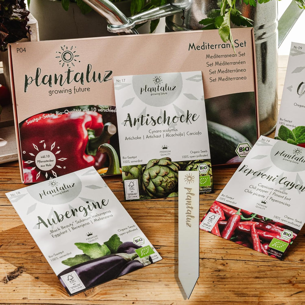 Plantaluz Premium Bio Seed Set P04 - Set de graines de légumes et d'herbes méditerranéennes avec 10 variétés pour jardin, balcon et plates-bandes surélevées - Y compris des bâtons de plantation FSC - Graines biologiques pollinisées et sans OGM