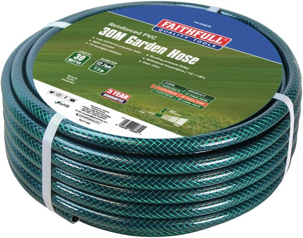Furtun de grădină Faithfull 50 m (164 ft) ranforsat, diametru 12,7 mm (1/2 inch) – țeavă rezistentă din PVC, verde
