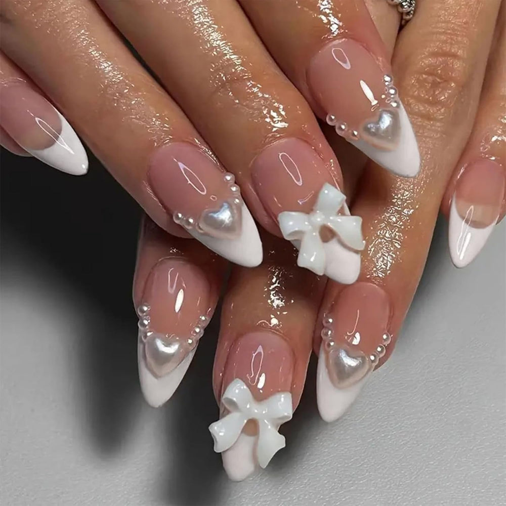 Faux ongles français à pression en amande blanche, 24 pièces, avec nœuds, perles, colle sur faux ongles, paillettes