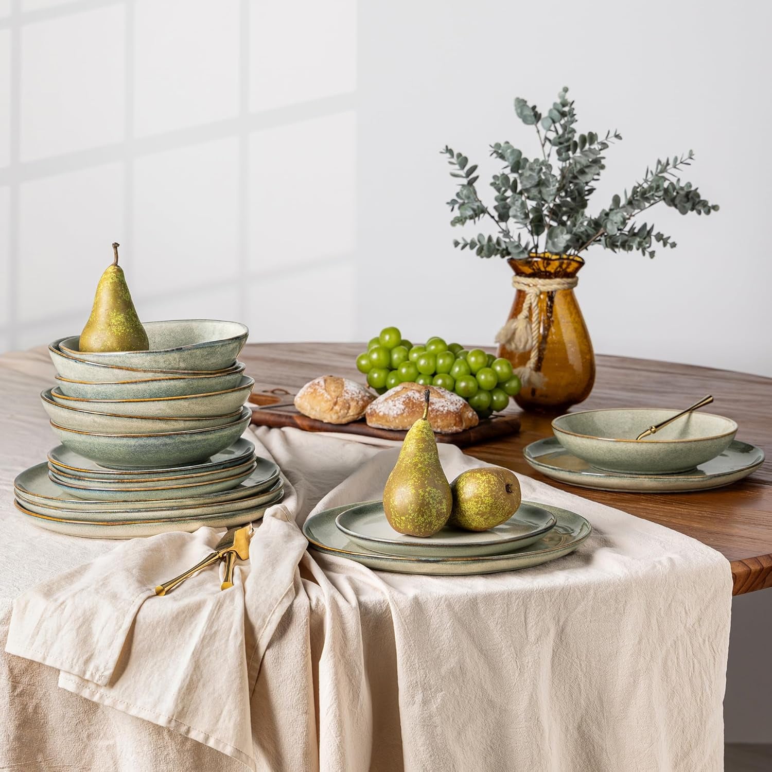 GBhome Service de table en céramique pour 6 personnes, 24 pièces, vernis réactif, fait à la main, passe au micro-ondes et au lave-vaisselle, ensemble de bols et d'assiettes Desret Sage GDW007GY-24P-EU