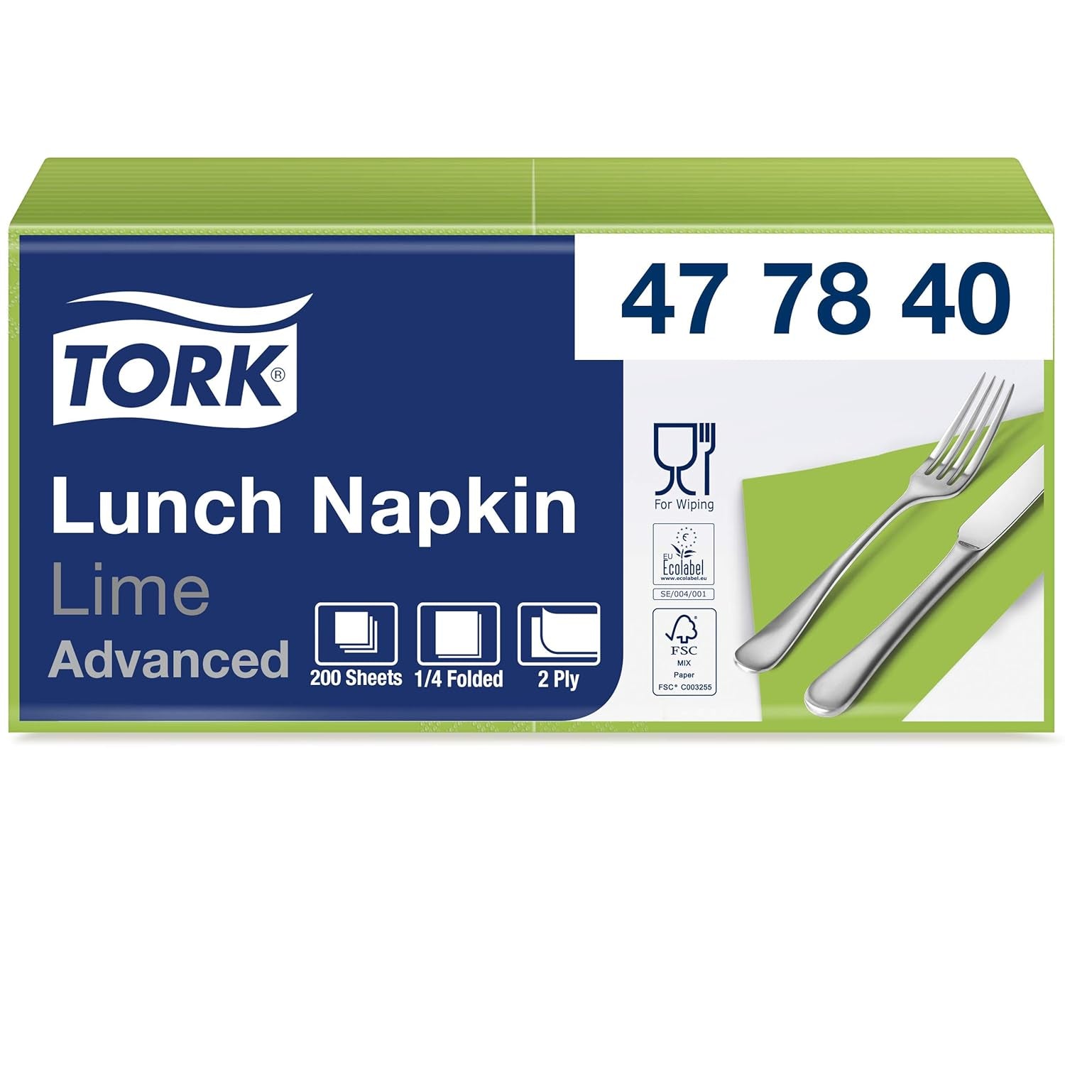 Tork 477840 Șervețele de prânz Lime / Șervețele din 2 straturi pentru mâncăruri mici sau gustări / Calitate avansată / 10 X 200 (2000) șervețele de hârtie / 32.6 X 33 Cm (L X l) / 1/4 pliere