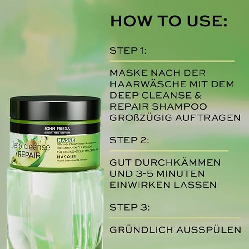 John Frieda - Masque / Traitement Deep Cleanse & Repair - Contenu : 250 ml - Avec huile de graines de chanvre + avocat nourrissant - Masque capillaire apaisant pour cheveux abîmés Masque capillaire Naty Shop