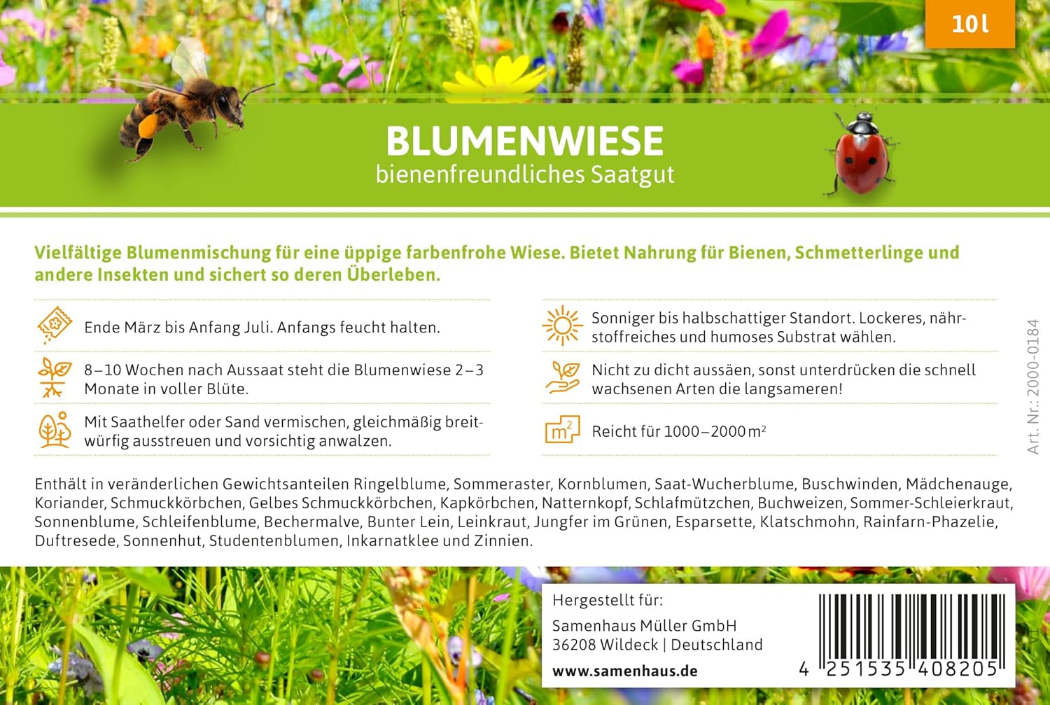 FLORTUS – Blumenwiese Saatgut Für Bienen, Hummeln & Schmetterlinge – 10 Liter Eimer Wildblumenwiese Samen Für 1.000-2.000 M² – Bunte Wildblumensamen Mischung Für Eine Insektenfreundliche Blumenwiese