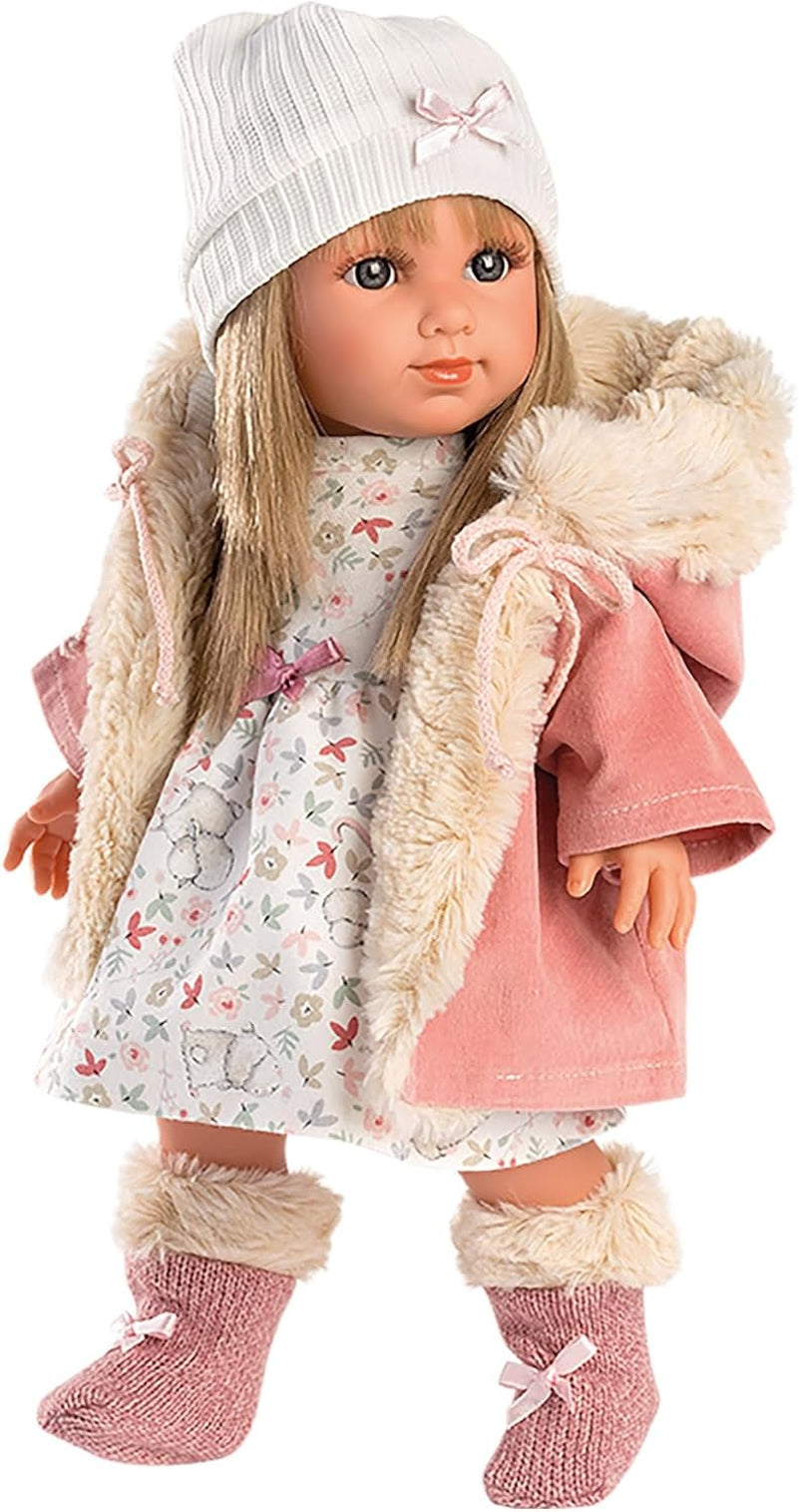 Păpușa Llorens 1053541 Elena cu păr blond și ochi albaștri, păpușă la modă cu corp moale, inclusiv ținută la modă cu haină cu glugă, 35 cm