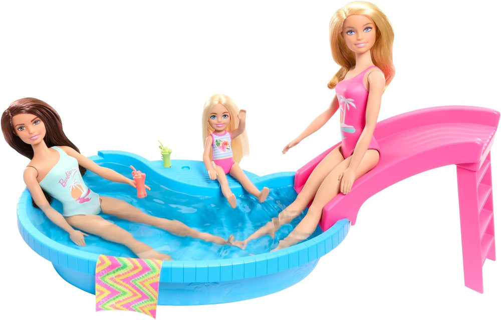 Poupée Barbie et accessoires - piscine avec toboggan et accessoires pour des heures de plaisir au soleil, maillot de bain rose au design tropical, pour enfants à partir de 3 ans, HRJ74 Naty Shop Dollhouses