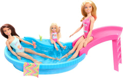 Poupée Barbie et accessoires - piscine avec toboggan et accessoires pour des heures de plaisir au soleil, maillot de bain rose au design tropical, pour enfants à partir de 3 ans, HRJ74 Naty Shop Dollhouses