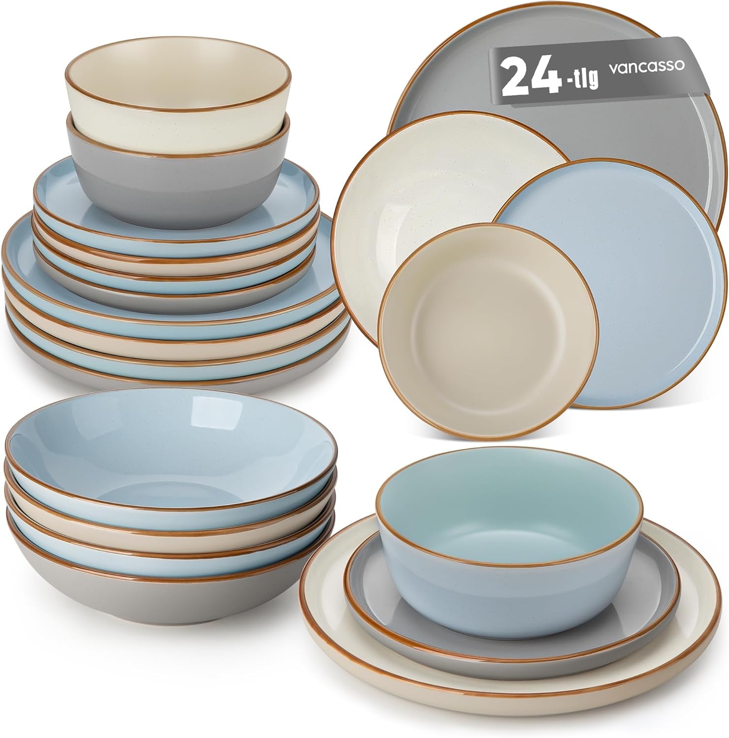 Ensemble de cuisine pour 6 personnes, vancasso RENO 24-tlg Steingut Teller Set Mix, Tafelservice mit je 6 Speiseteller, Dessertteller, Suppenteller, Müslischalen, Spülmaschinenfest & Mikrowellengeeignet, Mehrfarbig