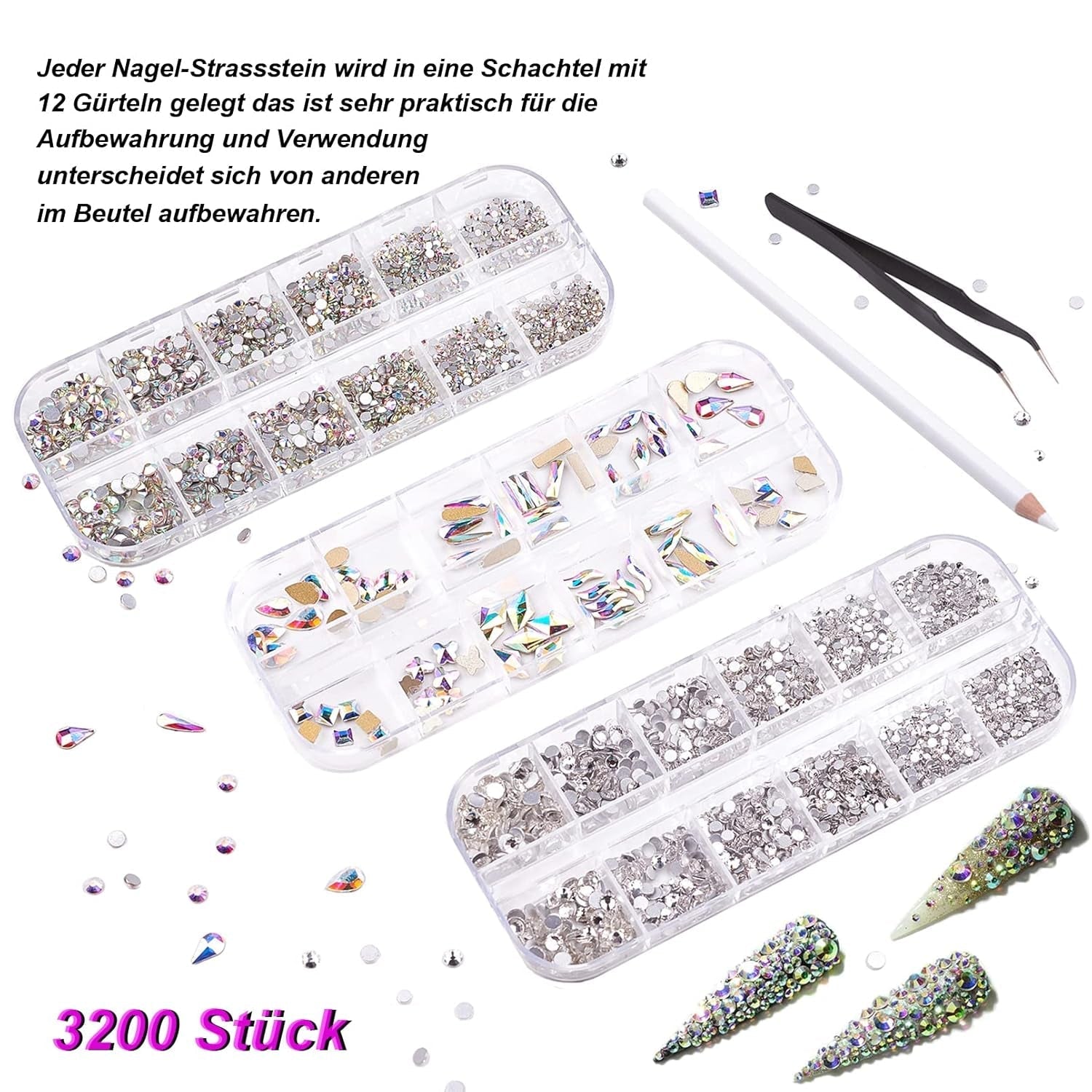 FITDON Ensemble de 3200 Pierres à Ongles Pierres AB en Verre Multiformes et Pierres AB à Paillettes de Diamant Transparent pour Décoration Nail Art Kits de Bricolage Bijoux Porte-clés Accessoires pour Ongles