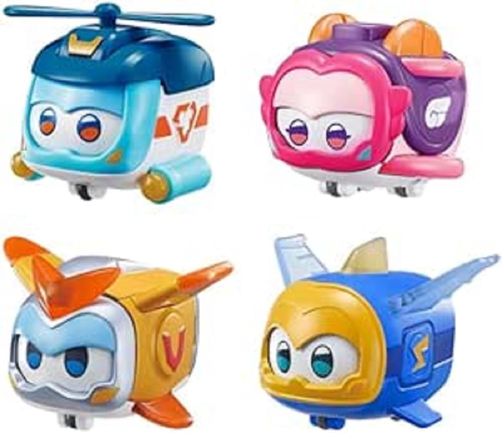 Super Wings Super Pets 4 PCS Shine, Golden Boy, Jerome, Ellie, cu expresie facială comutabilă, cu efect de fulger, portabil, jucărie pentru 3 4 5 6 7 8 ani băiat fată, 2 inci Action figures Naty Shop 4 Pachet A