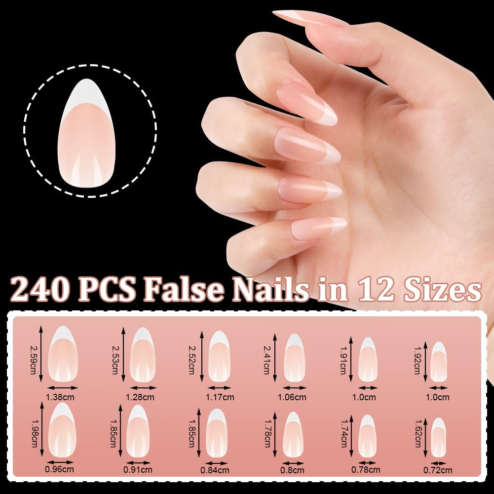 Lot de 240 faux ongles à pression française, 12 tailles, faux ongles avec colle pour femmes et hommes (blanc nu amande moyenne)