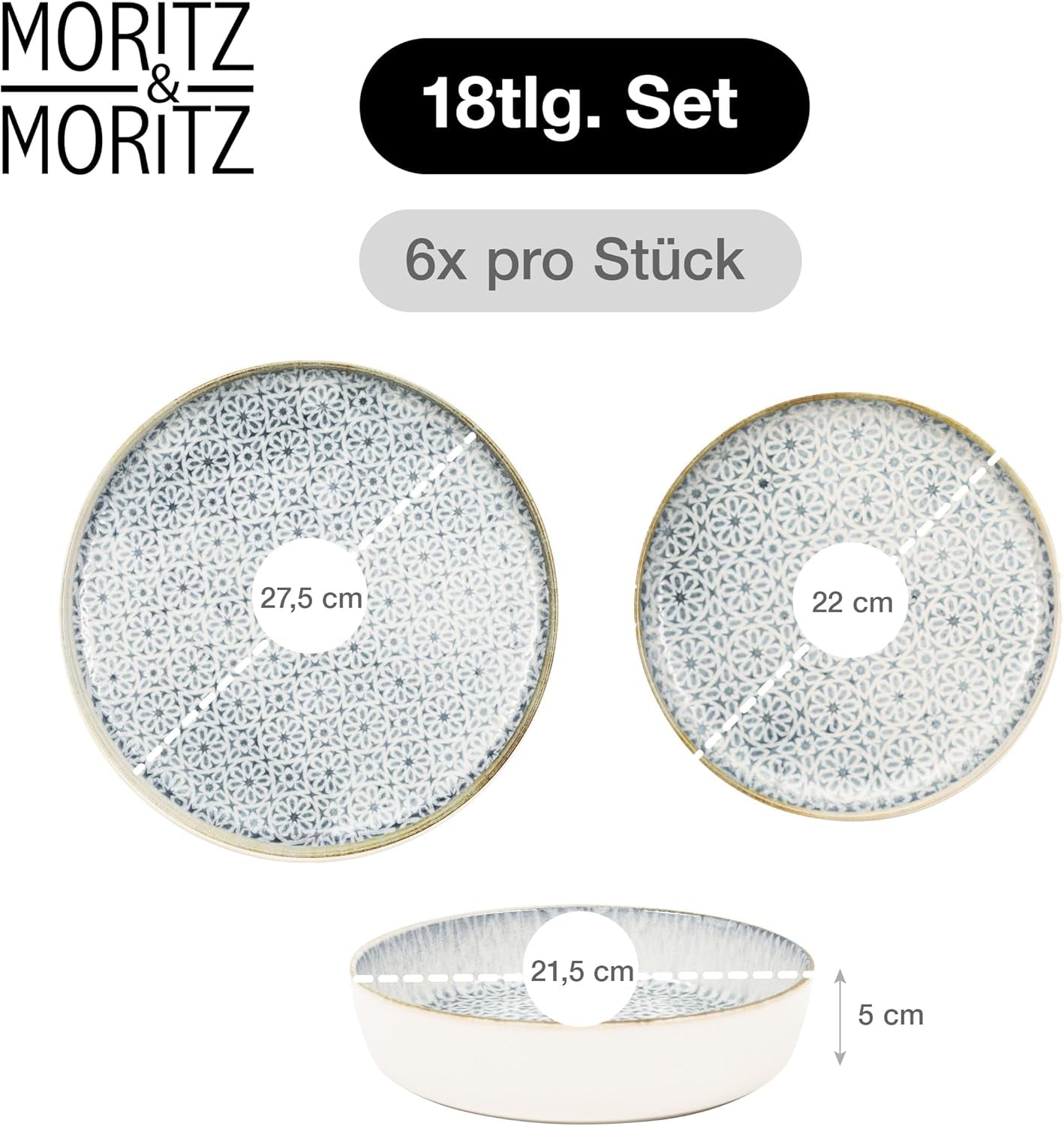 Moritz & Moritz ALHAMBRA Service de table pour 6 personnes, 18 pièces, porcelaine de haute qualité – Vaisselle bleue moderne – Service facile d'entretien comprenant 6 assiettes plates, 6 assiettes à dessert et 6 bols