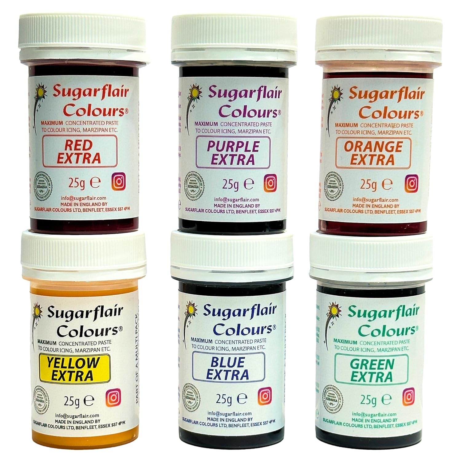 Sugarflair Max Concentré colorant alimentaire set/6, pâte colorant alimentaire Max Concentrate, EXTRA bleu, rouge, orange, jaune, vert, violet - 6x25g