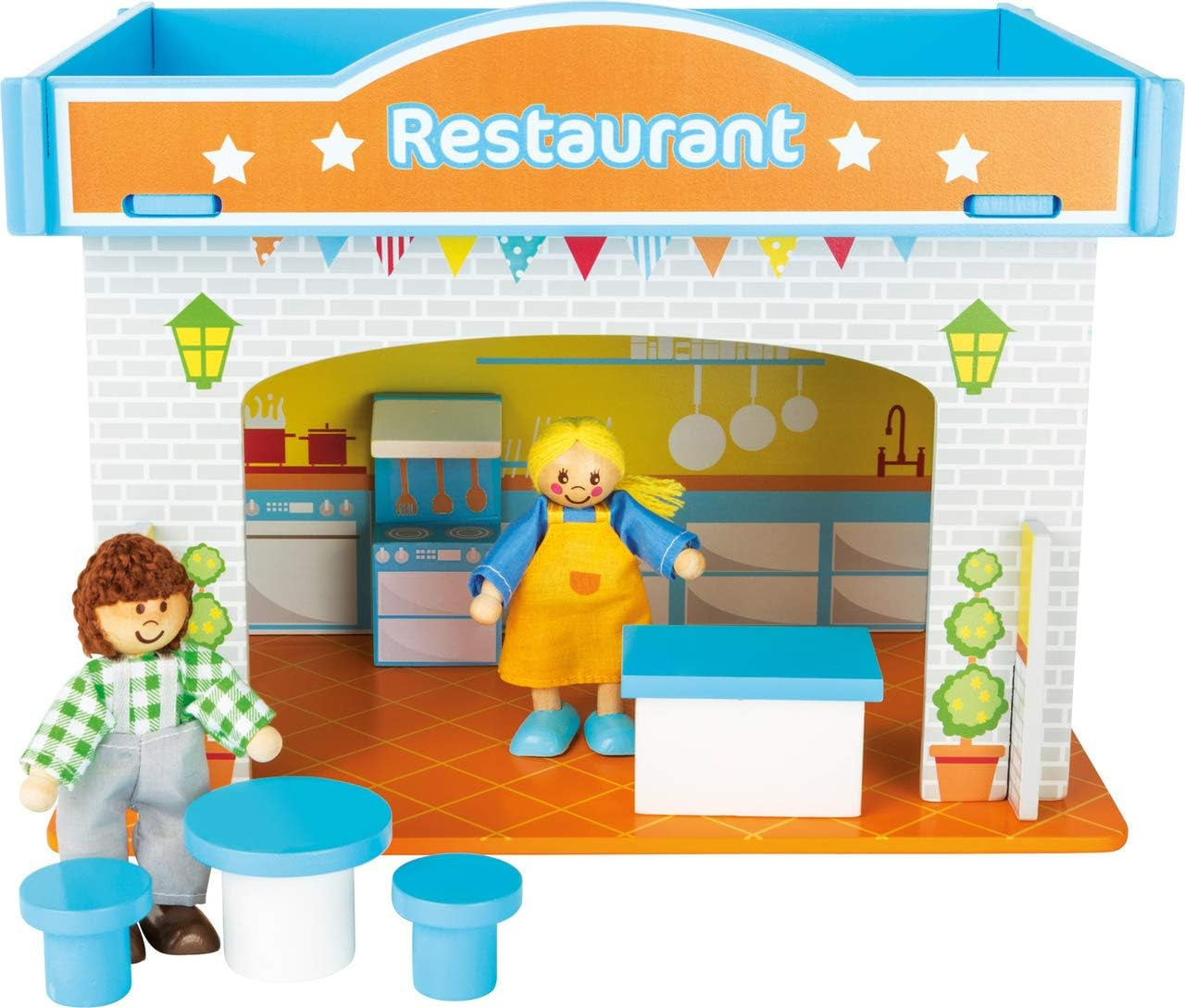 Small Foot 10852 Playhouse Restaurant En bois, Avec 2 figurines de poupée, accessoires et toit amovible, À partir de 3 ans Maisons de poupées Naty Shop Restaurant