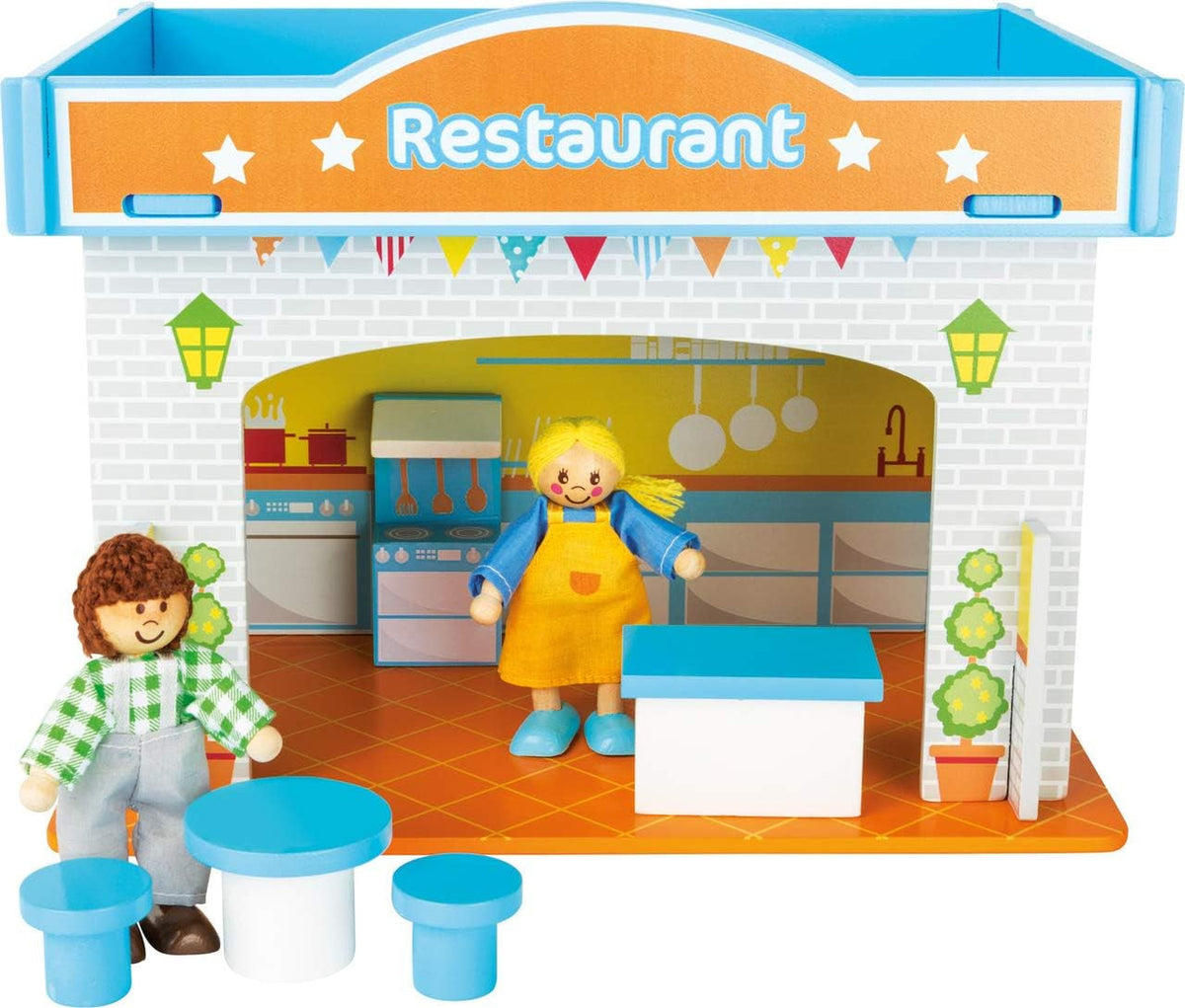 Small Foot 10852 Playhouse Restaurant En bois, Avec 2 figurines de poupée, accessoires et toit amovible, À partir de 3 ans Maisons de poupées Naty Shop Restaurant
