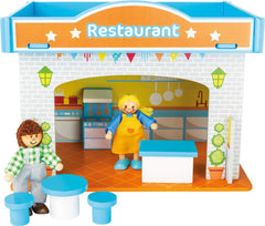 Small Foot 10852 Playhouse Restaurant En bois, Avec 2 figurines de poupée, accessoires et toit amovible, À partir de 3 ans Maisons de poupées Naty Shop Restaurant