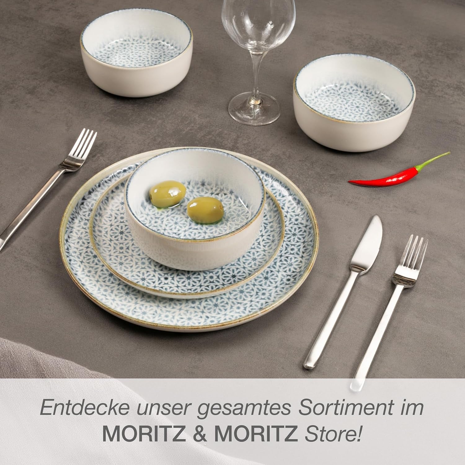 Moritz & Moritz ALHAMBRA Service de table pour 6 personnes, 18 pièces, porcelaine de haute qualité – Vaisselle bleue moderne – Service facile d'entretien comprenant 6 assiettes plates, 6 assiettes à dessert et 6 bols