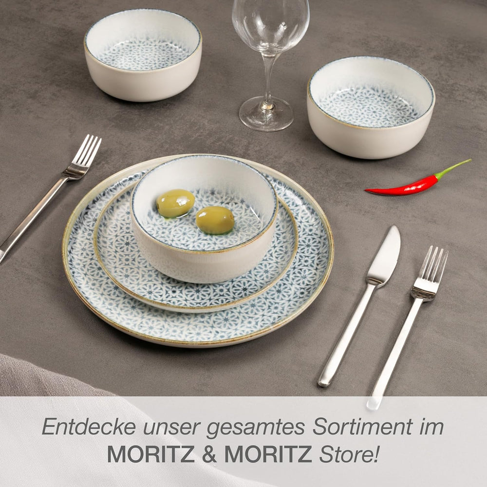 Moritz & Moritz ALHAMBRA Service de table pour 6 personnes, 18 pièces, porcelaine de haute qualité – Vaisselle bleue moderne – Service facile d'entretien comprenant 6 assiettes plates, 6 assiettes à dessert et 6 bols