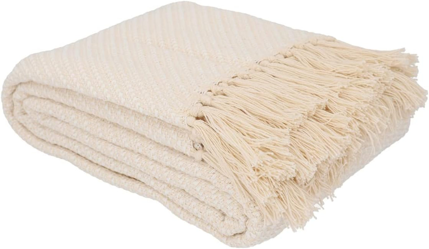HOMLA Morris Plaid Couverture à franges en coton - Couverture douce et confortable Couverture en coton - tissu fin 130 X 170 Cm Ecru Lits et Couvertures Besuche den HOMLA-Store