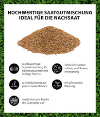Dehner Saatgut Rasen-Nachsaat, Hochwertige Rasensamen Zur Regeneration Geschädigter Rasenflächen, Schnell Keimend/Pflegeleicht, Mit Mantelsaat Für Optimalen Bodenkontakt, 1 Kg Für Ca. 50 M²