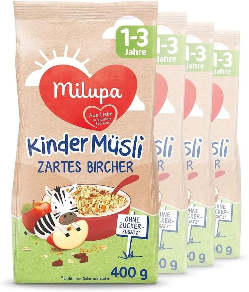 Milupa enfants muesli fruits fins - céréales petit-déjeuner muesli de 1 à 3 ans, sans sucre ajouté, 4 x 400 g Mère et Enfant Naty Shop Arôme délicat de bouleau 4 x 400 grammes