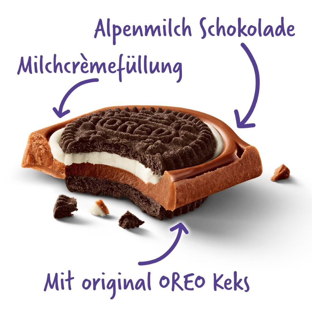 Milka Oreo Sandwich – Chocolat au lait alpin, fourré de morceaux croquants de biscuits Oreo et de crème onctueuse à la vanille – 92g