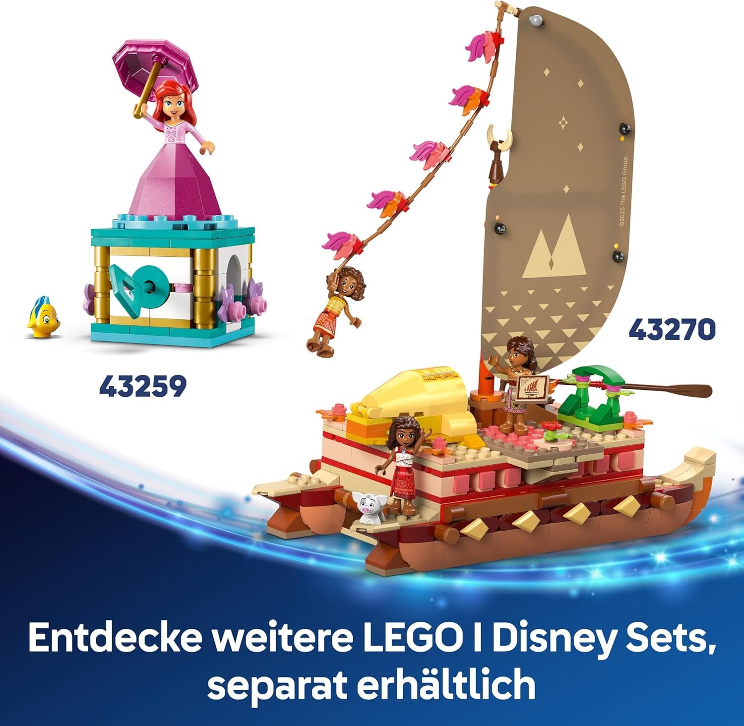 LEGO ǀ Disney Vaiana 2: Vaianas Abenteuerfloß - Spielzeug Boot mit Textilsegel, abnehmbarem Deck, Lagerfeuer & 3 Minifiguren, inkl. Loto und Moni – Geschenk für Mädchen ab 6 Jahren & Fans – 43270