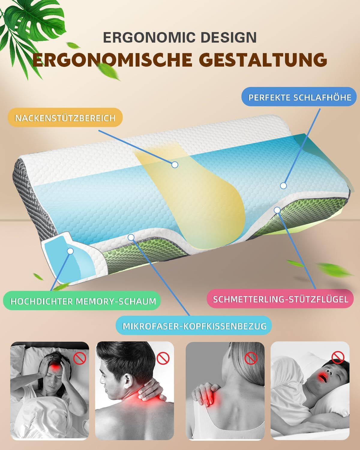 Oreiller orthopédique ergonomique pour douleurs cervicales, oreiller en mousse à mémoire de forme abdominale, oreiller anti-ronflement pour hommes et femmes (62 x 34,5 x 12/8 cm) Oreillers orthopédiques cervicaux Naty Shop