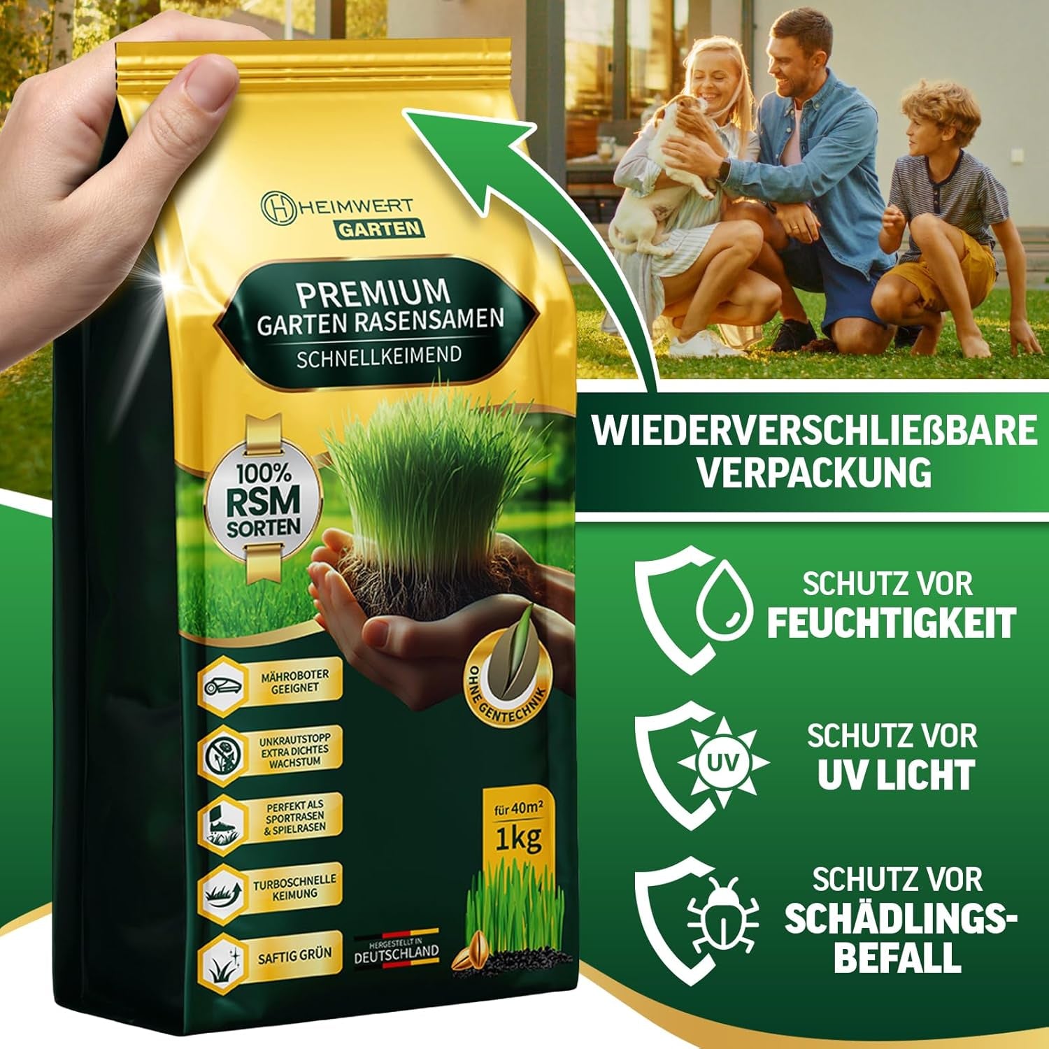 Rasensamen Schnellkeimend Sommer Und Herbst All Saison - Grassamen - Rasensamen Sport Und Spiel Aus Hochwertigster Gräser Mischung Empfohlener RSM Sorten - 1Kg Für 40M2 Made in Germany (1Kg)