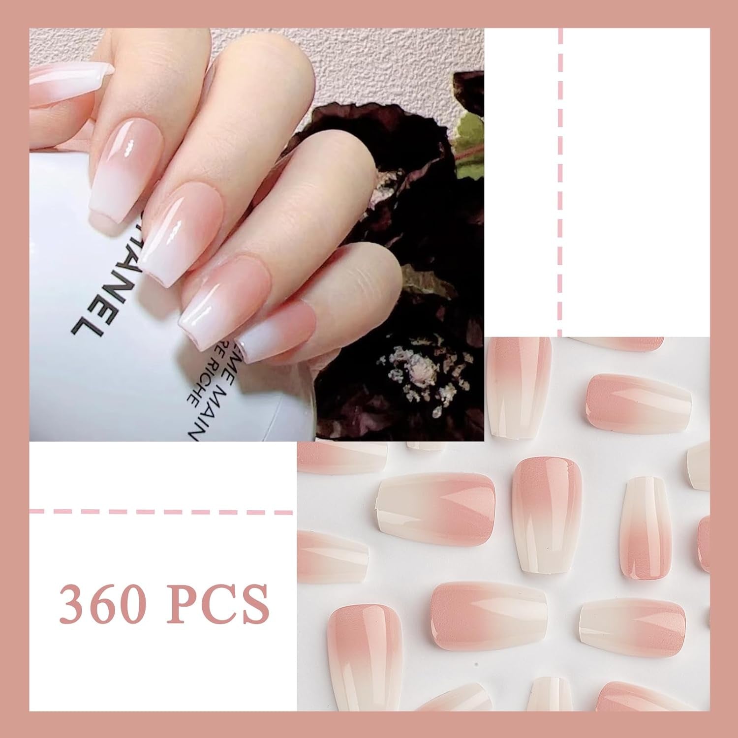 Ensemble de faux ongles ballerine dégradé 360 pièces, ongles artificiels à coller dégradé blanc rose avec 2 stylos à huile pour ongles, faux ongles moyens ombrés pour femmes à faire soi-même