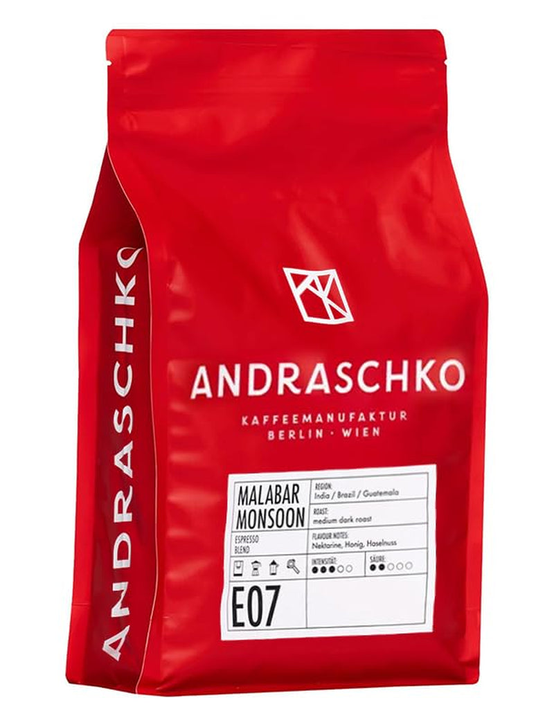 Malabar Monsoon Espresso Blend - 100% Arabica de l'Inde, du Brésil et du Guatemala - säurearm & ausgefungen mit Nektarine, Honig & Haselnuss - ganze Bohnen, torréfaction moyennement foncée - 1kg