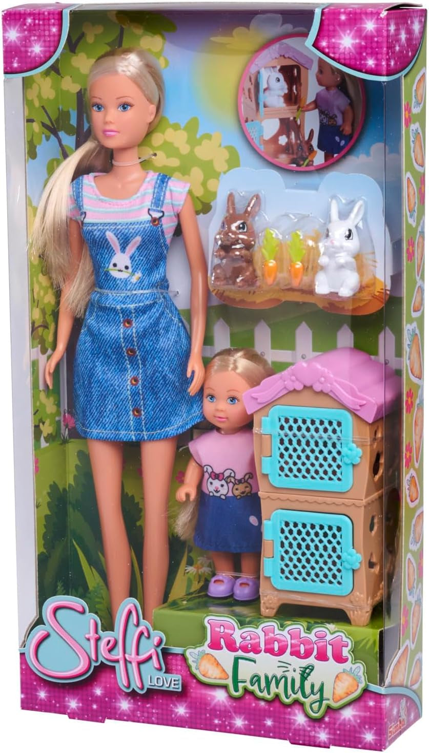 Simba Steffi Love Rabbit Family 12 cm 29 cm Cage à lapin poupée de jeu et poupée avec deux lapins, à partir de 3 ans