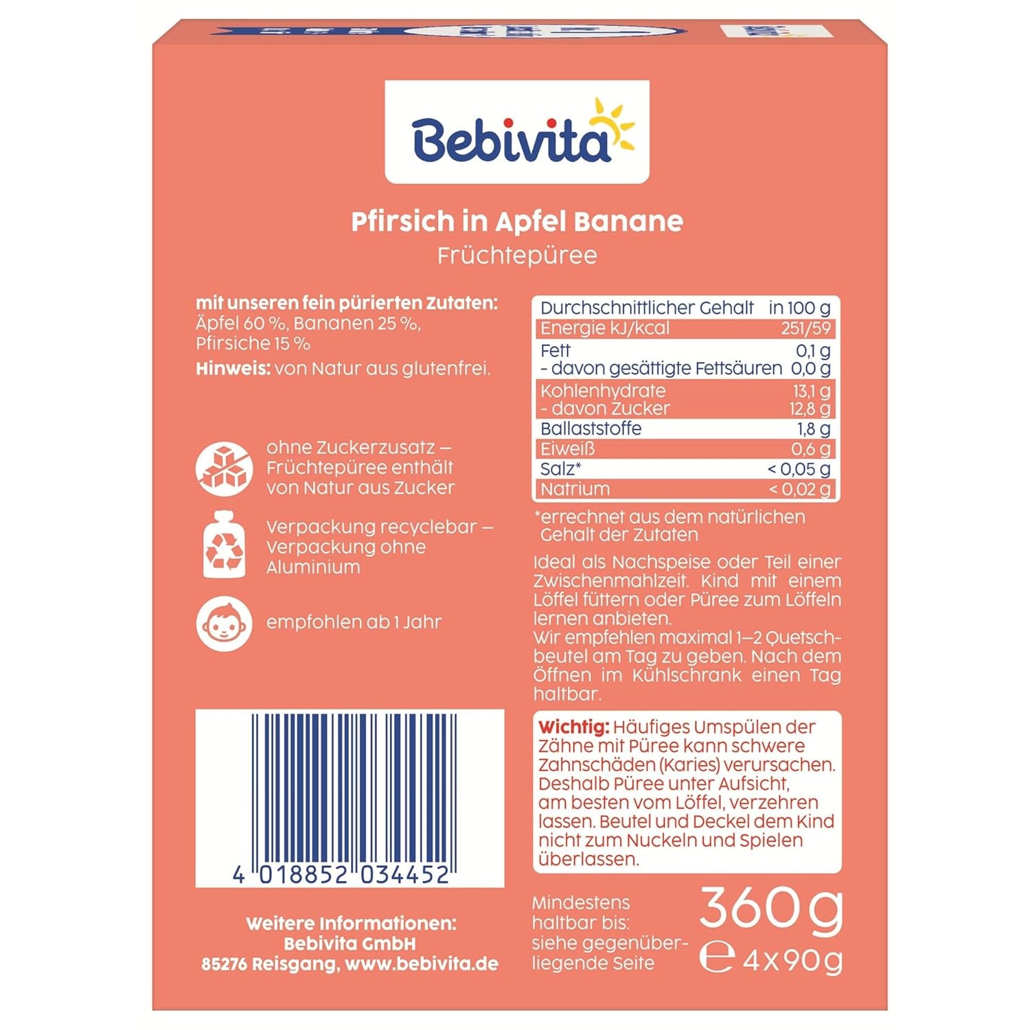 Sachets compressibles pêche, pomme et banane - 16 (paquet de 4, 4 x 90 g chacun), sans sucre ajouté, sans gluten, idéal pour les collations à emporter et l'autoconsommation