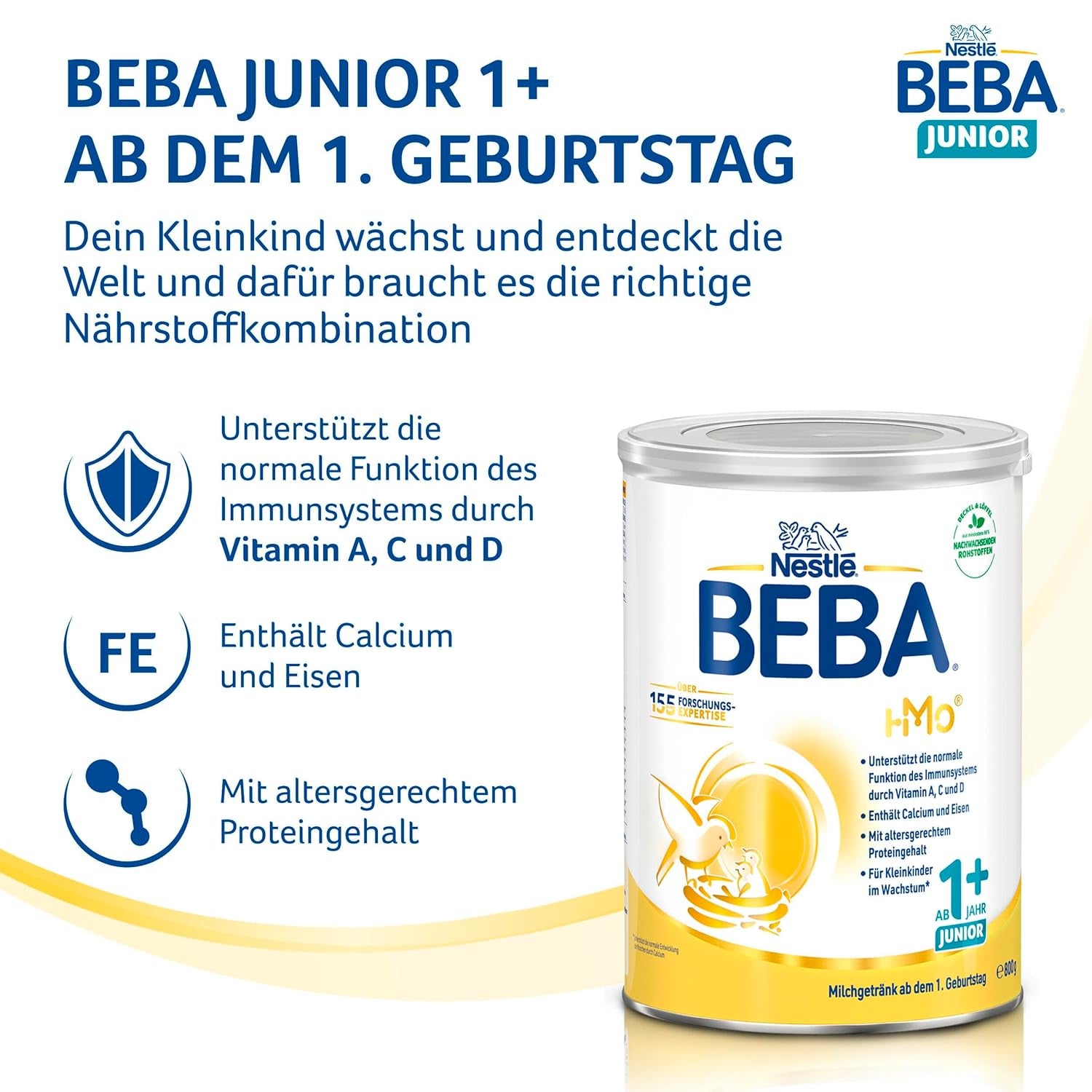 Boisson lactée BEBA Junior 1+ à partir de 1 an, Avec HMO, Teneur en protéines adaptée à l'âge, Lactose uniquement, Sans huile de palme, Sans huile de poisson, Aliments pour tout-petits, Lait en poudre pour bébé, Lot de 6 (6 x 800 g)