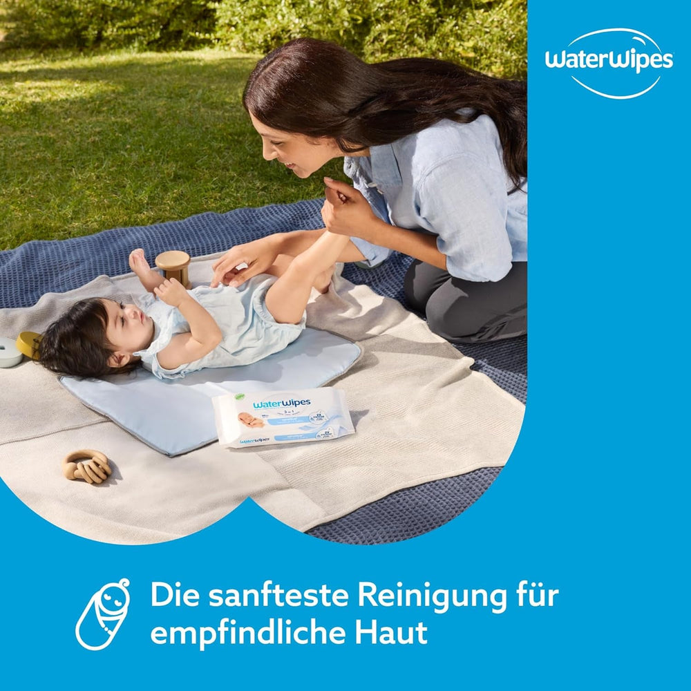 Șervețele umede WaterWipes Sensitive+ pentru nou-născuți și bebeluși, 240 bucăți (4 pachete), curățare, îngrijire, protecție 3 în 1, 99,9% apă, fără parfum