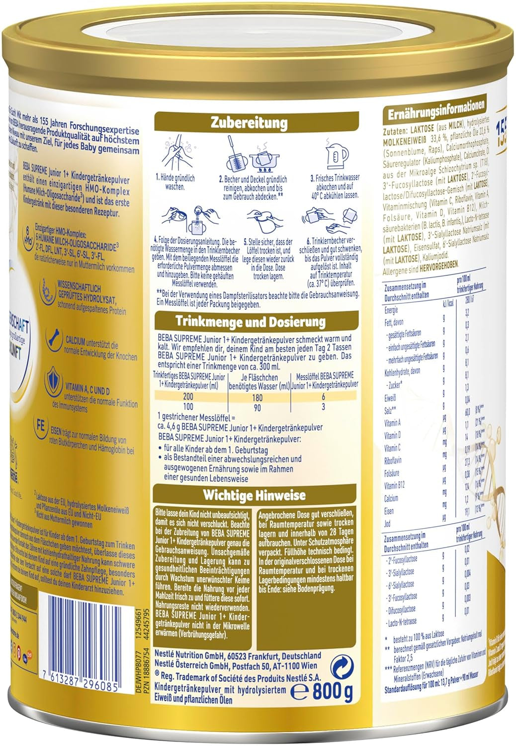 BEBA SUPREME JUNIOR 1 Plus - Boisson pour enfants à partir de 1 an, au complexe 6 HMO, sans lactose, sans huile de palme, sans huile de poisson, nourriture pour petits enfants, lait en poudre pour bébé, pack de 6 (6 x 800g)