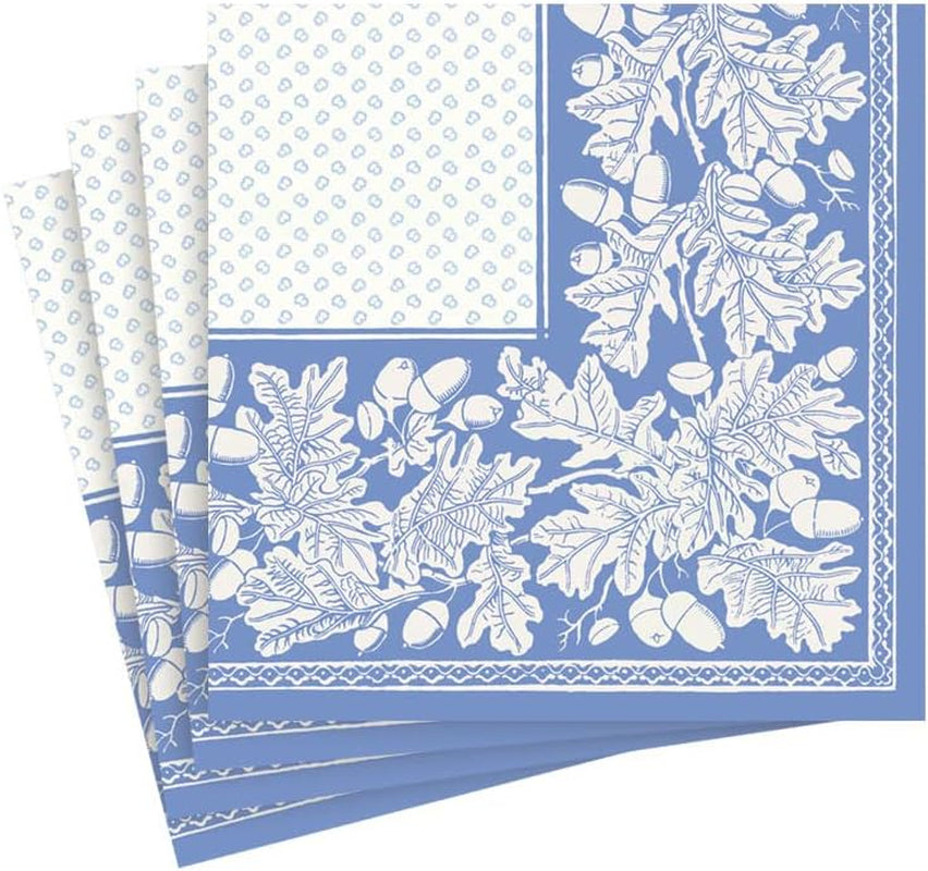 Serviettes de cocktail, feuille de chêne et gland, lin, bleu français et blanc, 15 par paquet