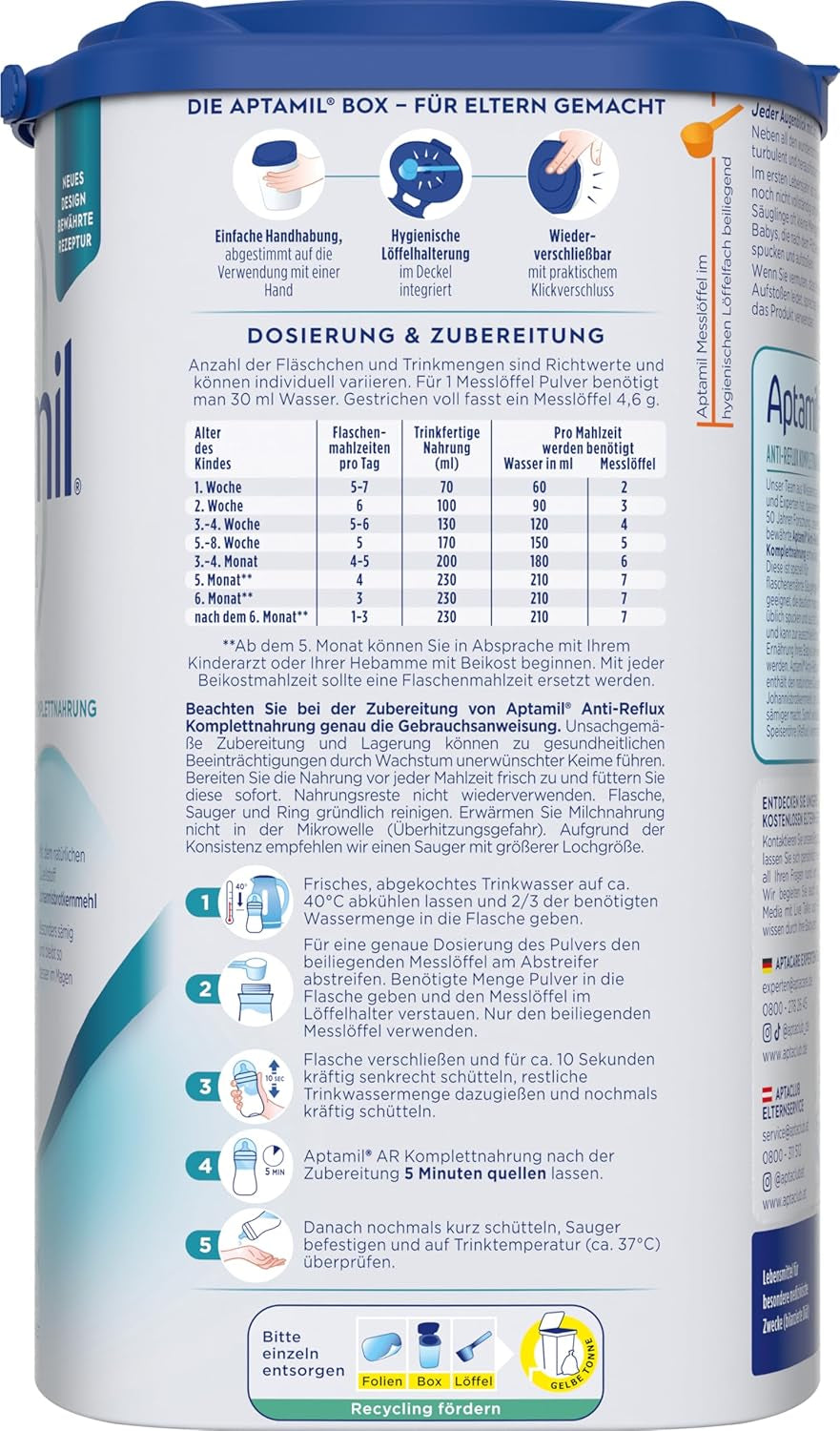 Aptamil Anti-Reflux - Formule Complète Dès la Naissance Gestion Diététique Vomissements & Régurgitations Aliment pour Bébé Lait en Poudre 1 x 800 g