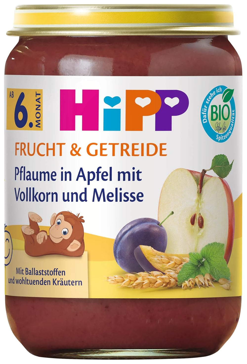 HiPP Prunes biologiques à la crème de pomme aux grains entiers et mélisse (6 x 190 g), à partir de 6 mois, avec des grains entiers biologiques et des herbes bienfaisantes, uniquement une douceur naturelle des fruits, de la meilleure qualité biologique